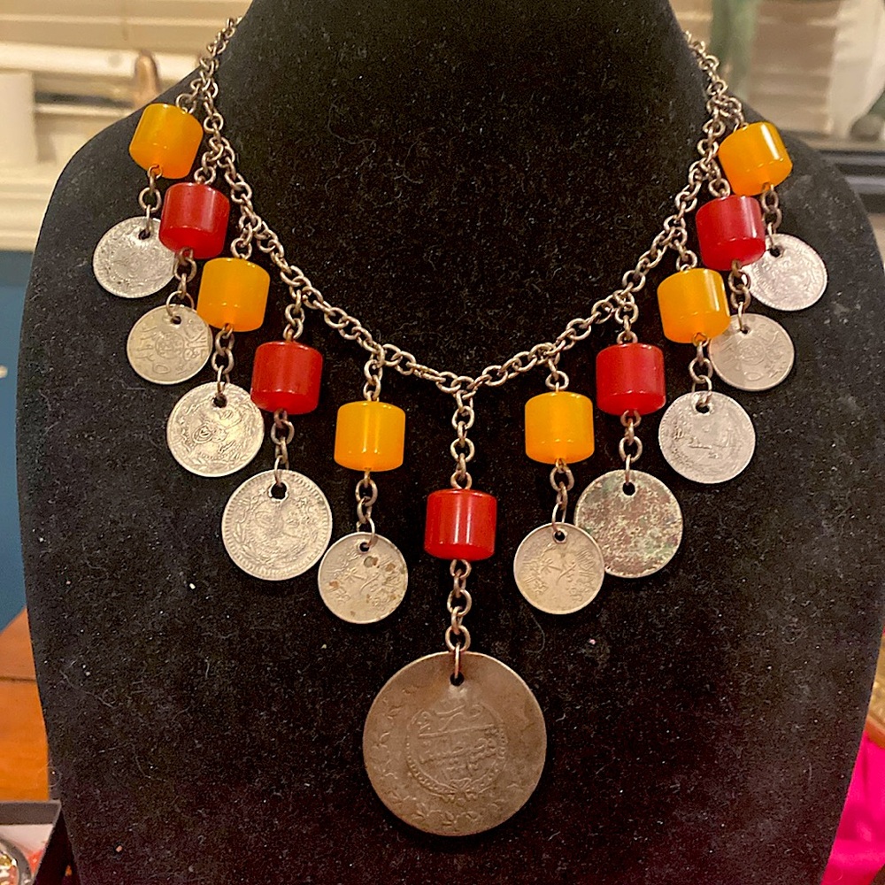 Antique-Vintage Chinese Coin Necklace with Butterscotch And Cherry Copal Amber